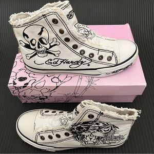 White Ed Hardy Tiger & Skull High Top Laceless Sneakers